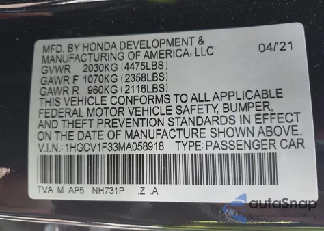 2021 Honda Accord Sport z USA, uszkodzony, nr VIN 1HGCV1F33MA058918